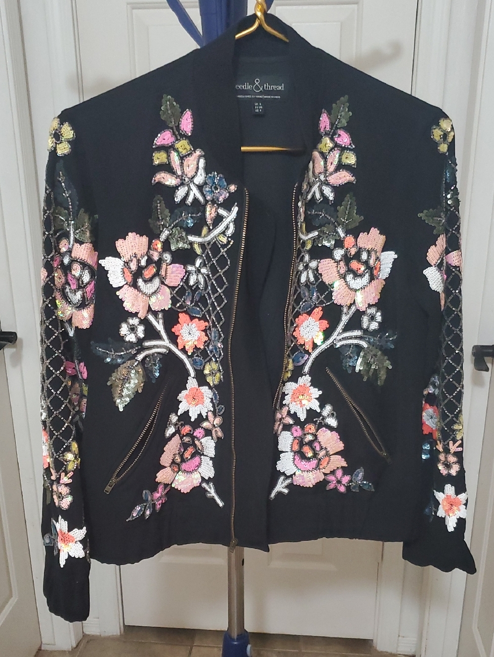 Needle & Thread Black Bomber Jacket with Pink & Coral Floral Embroidery